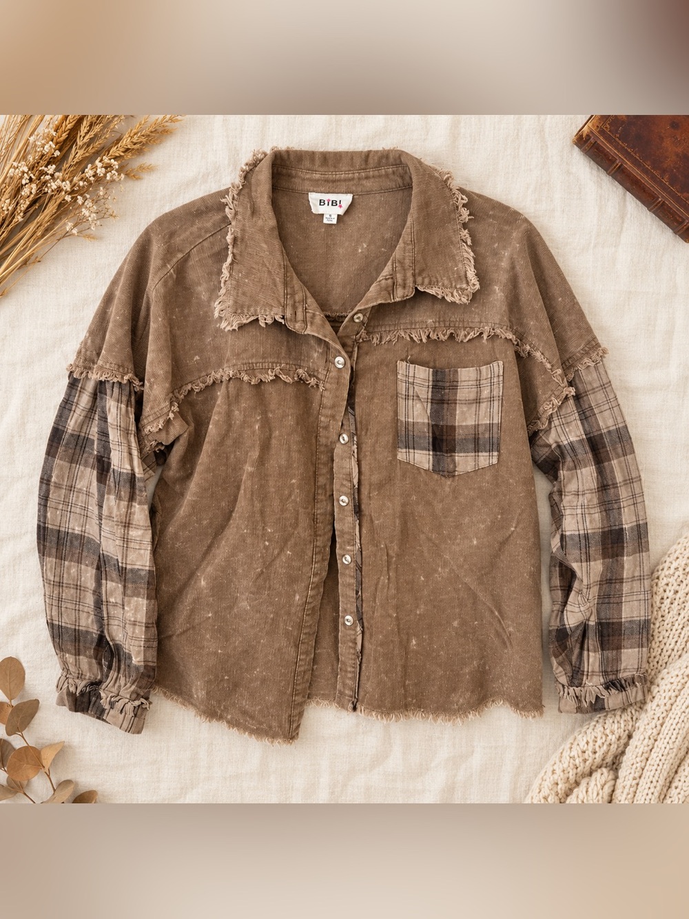 BiBi Corduroy Plaid Mixed Media Shacket Raw Fringe Brown Small